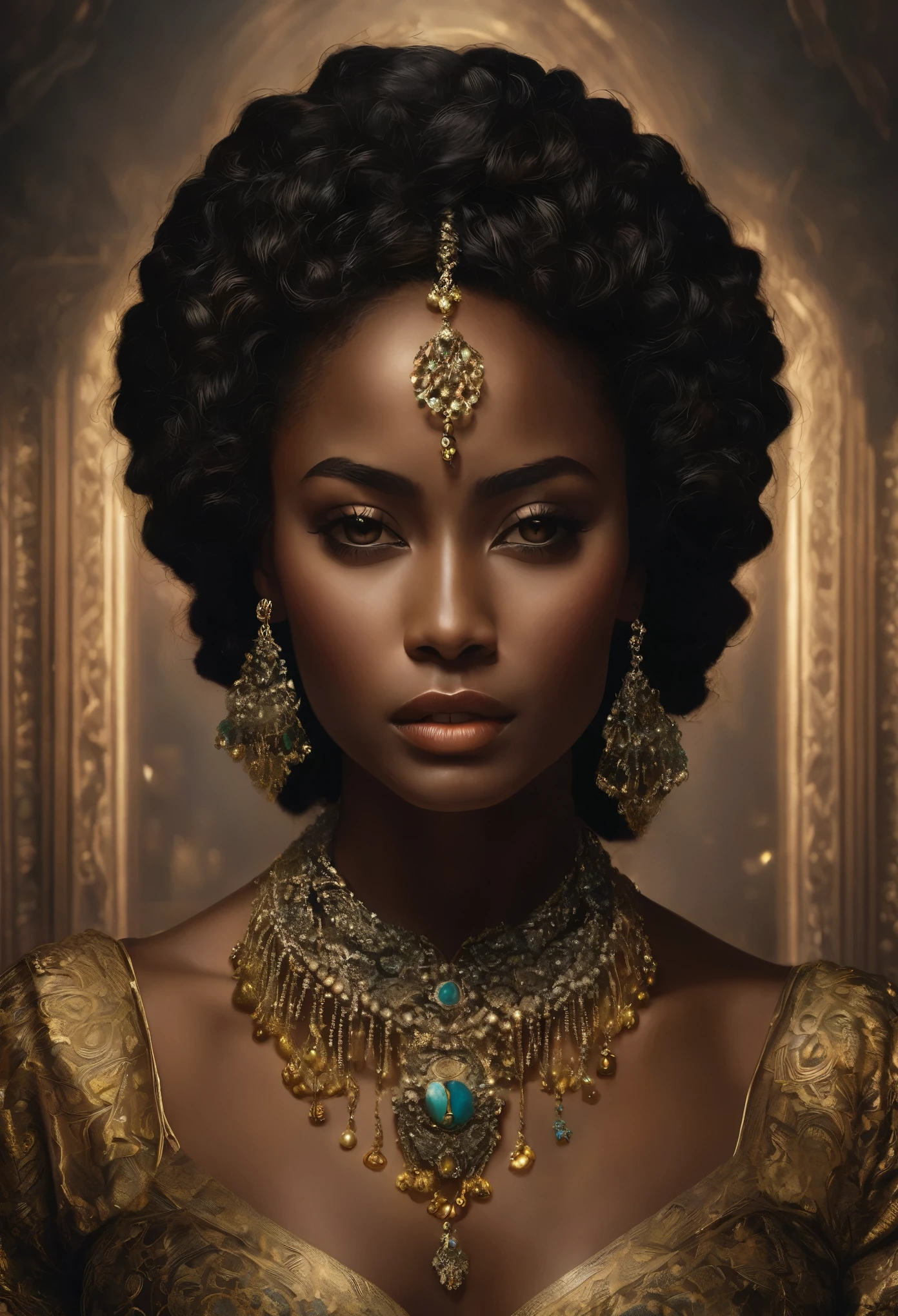 A mysterious woman, covered in elaborate jewelry and with an enigmatic expression, sits in a dimly lit room. Who is she and what secrets does she hide behind her intense gaze? a beautiful woman with dark skin and curly hair.