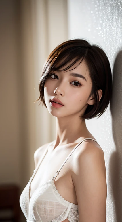 close, masterpiece, Highest quality, RAW Photos, Photorealism, face, Unbelievably ridiculous, beautiful girl, cute, short hair, Depth of written boundary, High resolution, Super detailed, The finer details, Very detailed, Very detailed eyes and face, Sharp pupils, Realistic students, Sharp focus, Cinema Lighting, underwear、Showing her white panties,