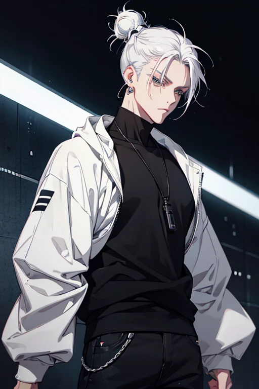 Anime man gradient young white hair low on shaved sides turns hair bun to the left side in the middle serious face with black earrings black sweatshirt Speed jeans futuristic clothes black dark circles under his eyes big black hair big brown hair extremely futuristic clothes futuristic clothes futuristic sweatshirt black skinny jeans male
