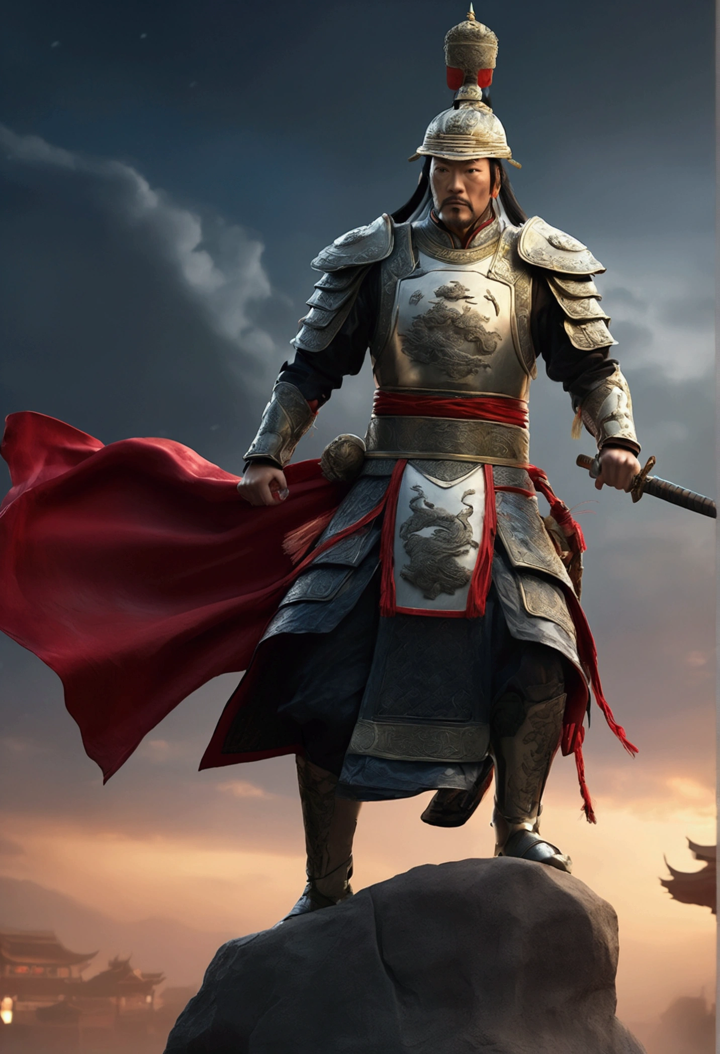 Bust of an ancient Chinese general on the battlefield，The armor is broken, Starry sky and fog cover the landscape.Rich historical background. (Highest quality,4K,8k,High resolution,masterpiece:1.2), Very detailed, (Realistic,Realistic,Photorealistic:1.37), High resolution, Hyper HD, Studio Lighting, Ultra-fine painting, Sharp focus, Physically Based Rendering, Very detailed説明, Professional, Vibrant colors, Bokeh, Sports Late, Ancient War Landscapes, Traditional Chinese Painting Techniques, Atmospheric lighting, Dynamic Pose, Complex combat scenarios, Vivid color contrast, Visually stunning composition, Ethereal atmosphere, heroism. Black and White