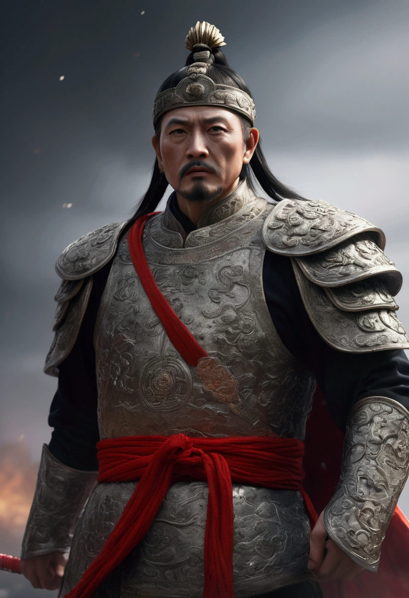 Bust of an ancient Chinese general on the battlefield,The armor is broken, Starry sky and fog cover the landscape.Rich historical background. (Highest quality,4K,8k,High resolution,masterpiece:1.2), Very detailed, (Realistic,Realistic,Photorealistic:1.37), High resolution, Hyper HD, Studio Lighting, Ultra-fine painting, Sharp focus, Physically Based Rendering, Very detailed説明, Professional, Vibrant colors, Bokeh, Sports Late, Ancient War Landscapes, Traditional Chinese Painting Techniques, Atmospheric lighting, Dynamic Pose, Complex combat scenarios, Vivid color contrast, Visually stunning composition, Ethereal atmosphere, heroism. Black and White