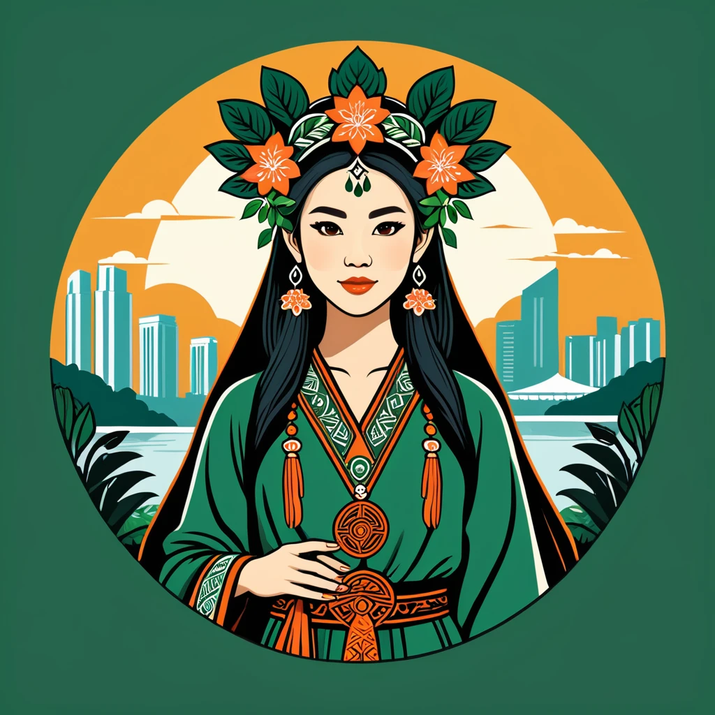 female druid in singapore folk outfit ,vector graphics, strong contours, logo design
