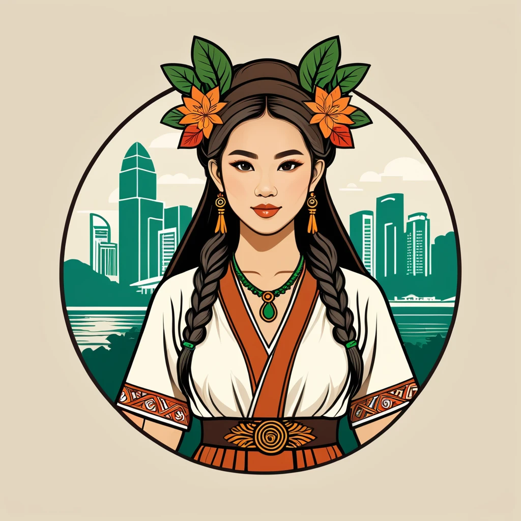 female druid in singapore folk outfit ,vector graphics, strong contours, logo design