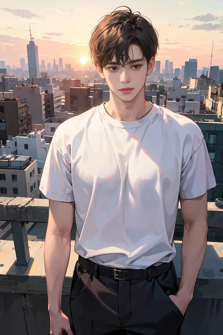 (absurd, very detailed, realistic, ), 1 Boy,mature, alone, black short hair, white t shirt,brown eyes,(solo)Looking at the bustling city from a high hill with the sunset behind you, Ultra-detailed, best quality, detailed diagram, 8k, graphic design, full hd, whole body,