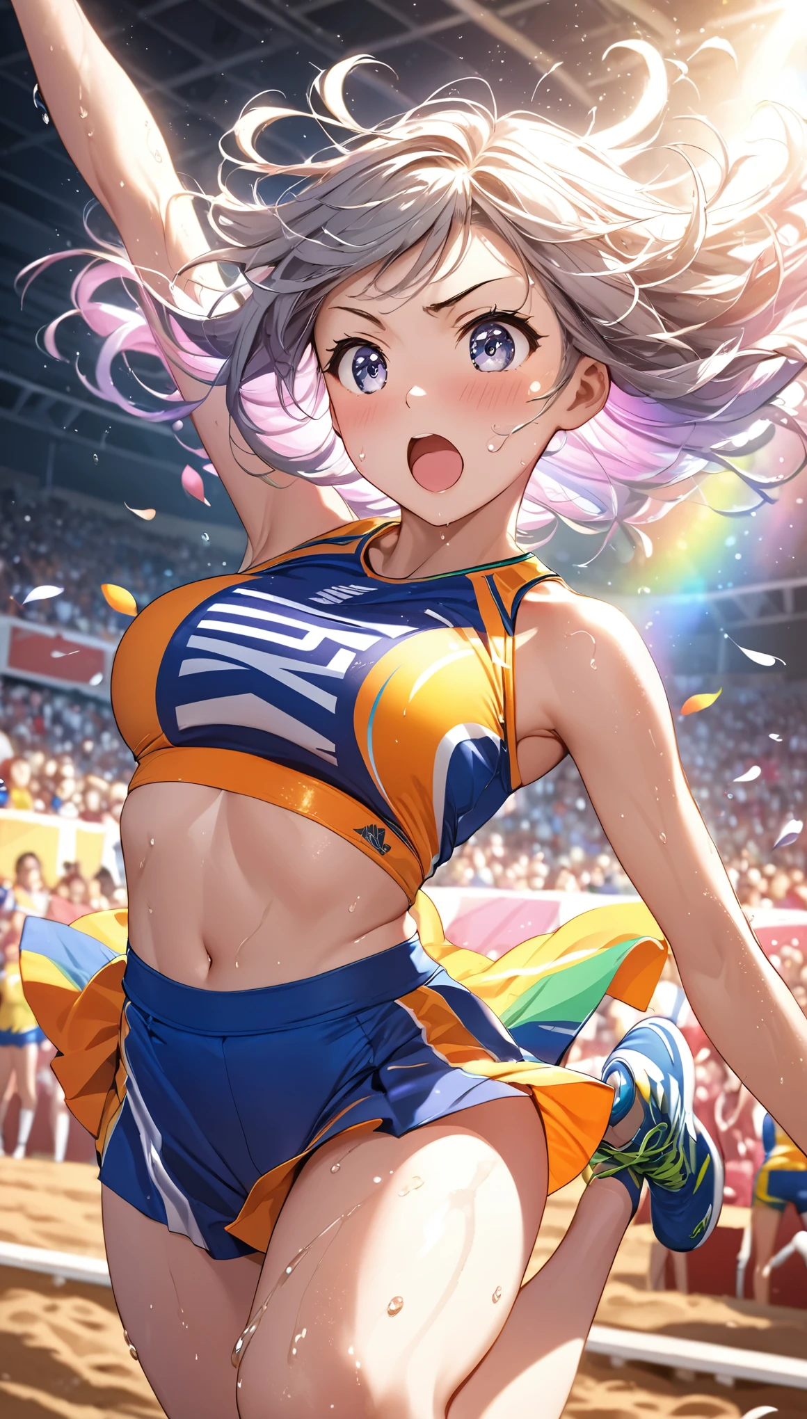 (Sports magazine cover photo), Highest quality, Great quality, 16K, Unbelievably absurd, Very detailed, delicate and dynamic, Natural light, The particles reflect light, Diffuse reflection of light, Many rainbow-colored petals fall, Beautiful sand field, Sparkling Sun, Diffuse reflection of light, Create amazing image effects, , Wet, sweating, athletics, Long jump, Long jumper, Jumping high, Close-up(Cute sexy girl, big bouncing busts, Sensual expression, Cool girl, Serious, passion, Dynamic, Flashy Athletics Uniforms, ,audience , much-air-laden cheer)