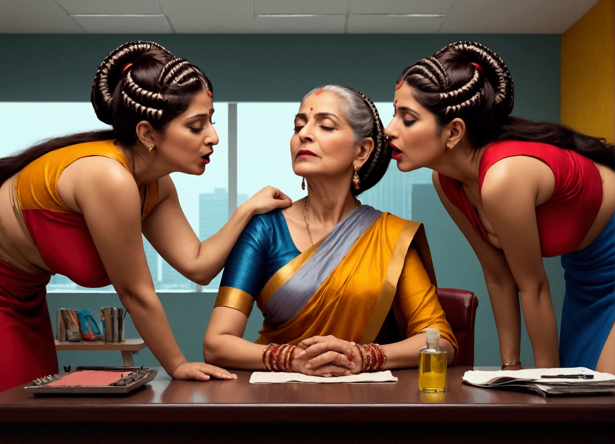 (Best Quality),(High resolution),(8k), (Masterpiece),{{{Full frame office}},{{Full Bodies}}},in indian modern light flooded room,three eldery ladies in age 60 in full nude wearing office raping their eldery 65 years old full nude indian boss with thier wild open tongues and licking her hair scalp and fingering vaginas,sagging-hanging breasts, keeping all hairs totaly wet and styled with using extreme and exteme ultimate super exessive amount of hairgel+hair oil,{hairs like gel+oil drenched super supreme pulp,Shining like mirrors},{Their bodies are smeared with lots of oil},{{{Full Nude}}},{{{Background changed to UHD luxery CEO room with High class acceseries}}},{{{Ladies poses exacly as per the image prompt ,make them full nude & their breasts sagging-hanging as much as possible as realisctic eldery features}}}},{{{{{Hairs exactly as per the image prompt making them highly ultra drenched with gallons of hair oil and shinning like mirrors}}}},{{{Ladies tongues out and keep licking hesd scalps as per the image prompt in more realistic way}}}},{{{{{{{{{{Full Nude}}}}}}}}}},{{{{{{{{Full Nude Ladies}}}}}}}}}}},