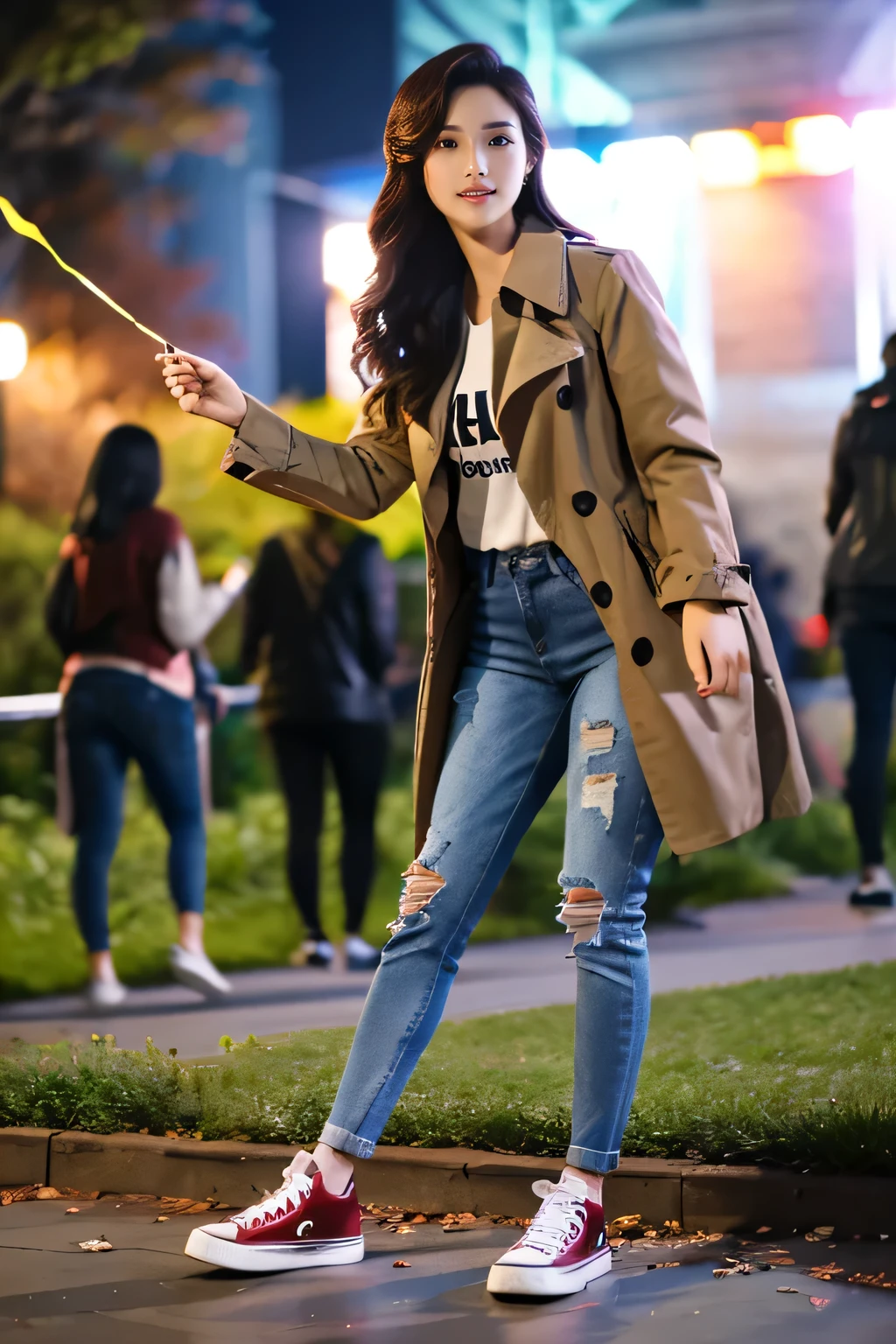 (Tabletop,high quality,16K:1.1),(Written boundary depth:1.3) ,((Full body photo)),Standing woman、Black Hair、smile、trench coat、shirt、Skinny jeans、sneakers、Background is a park at night,(View your audience:1.3),(Full Body Shot:1.2),,