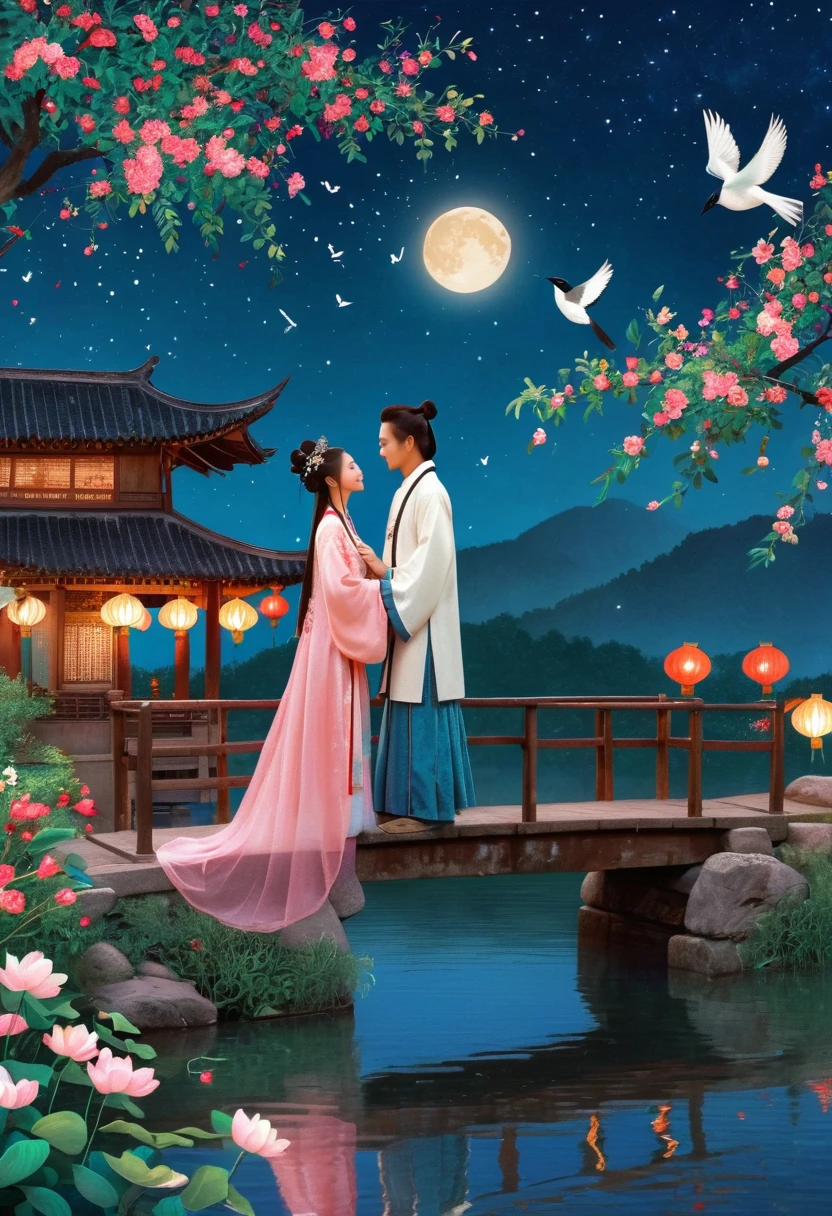 (from bottom,1girl and 1boy standing on the bridge),hugging each other,back view,fullbody,((Many magpies and flowers linger around them)),they are looking at each other,all closed eyes and smile,this girl is wearing a white Chinese fairy costume,The boy have long hair and he is wearing simple traditional Chinese peasant clothing,
summer night,(a Curvy Moon),clear pink sky,((Kongming lanterns,flowers,magpies)),high dynamic range and rich colors,masterpiece,high quality,perfect detail,32K UHD,