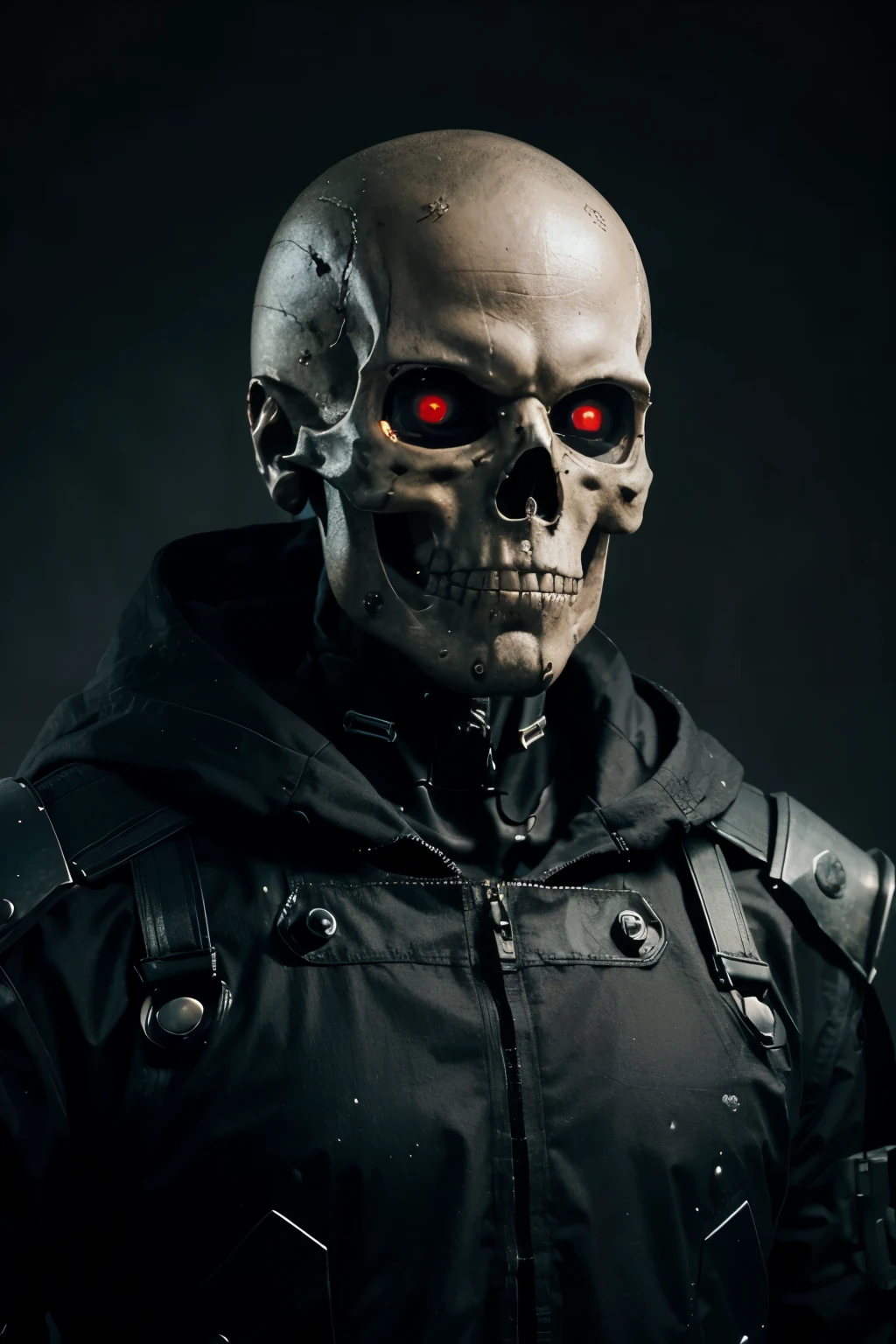 cyber skeleton, skull, cyberpunk style, cyberpunk imperial military hack and that he is a man who does not look human 100% strong skeleton (Profile picture) with red eyes with a black background, and the background of the black character is the same as I see in front