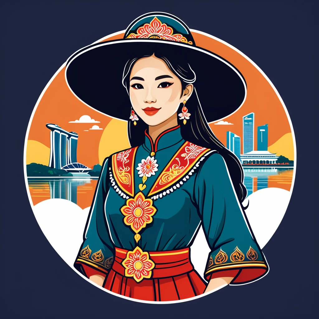 female enchanter in singapore folk outfit ,vector graphics, strong contours, logo design