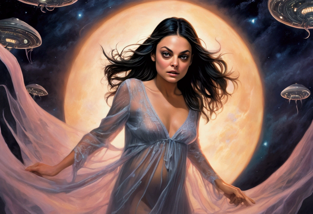 (Mila Kunis, 25 years old, in a sheer nightgown, in a trance), is being swallowed into an eldritch UFO, tentacles caress and push her into the opening as they remove her clothes, flying through the night sky