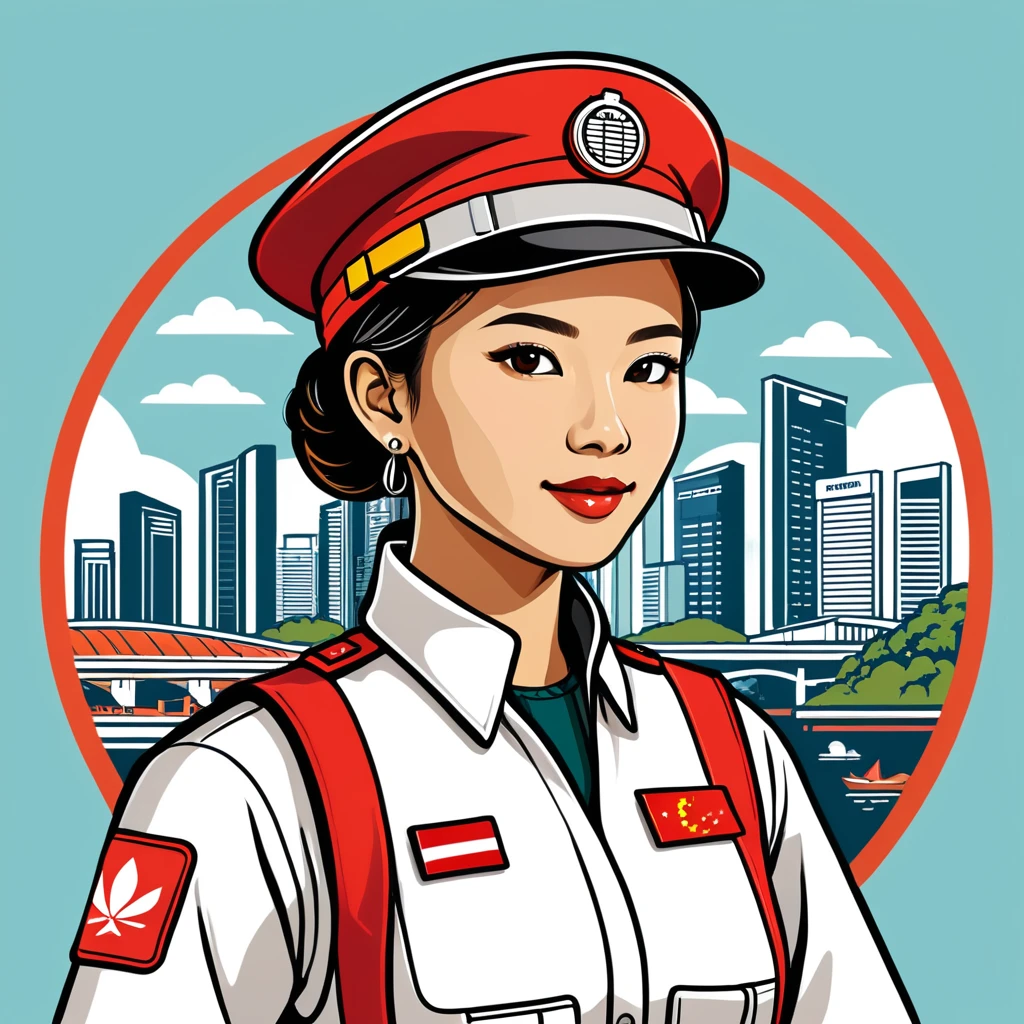 female	engineer	in singapore folk outfit	,vector graphics, strong contours, logo design																						