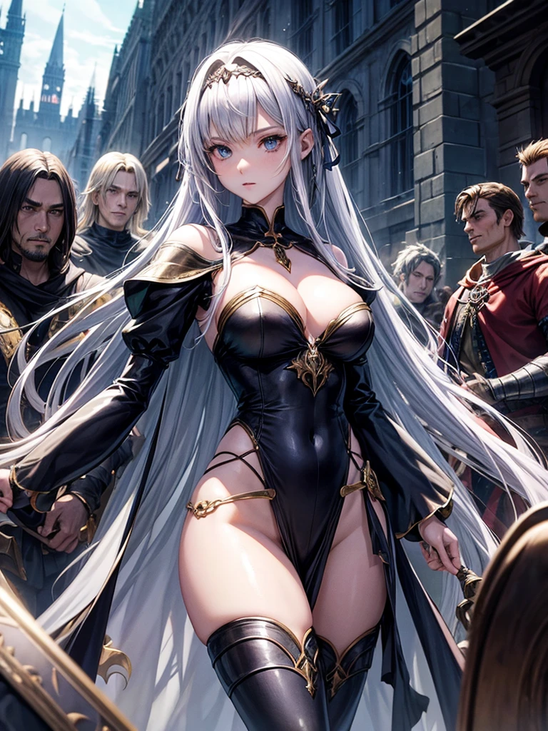 Anime girl character, dark fantasy world, medieval period. The heroine is in the center of the picture, surrounded by men who are harassing her.