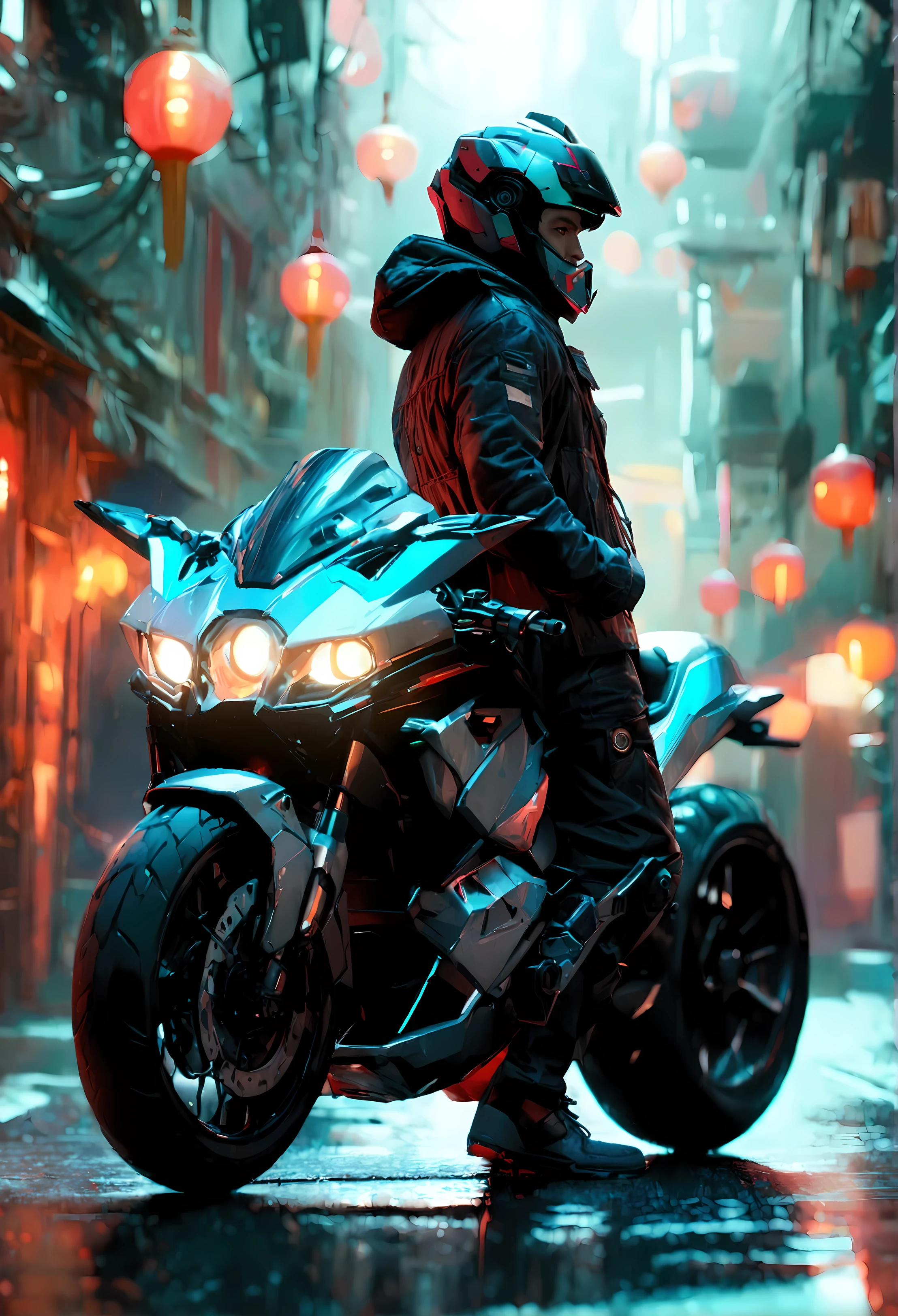 a boy in police dress, standing next to his futuristic cyberpunk motorcycle, intricate details, hyper-realistic, cinematic lighting, dramatic shadows, beautiful colors, volumetric fog, highly detailed, ultra-detailed, 8k, photorealistic, masterpiece, studio lighting, physically-based rendering, vivid colors, sharp focus, octane render