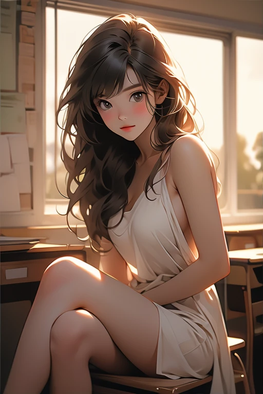 Naked girl, sitting on classroom. Low light effect