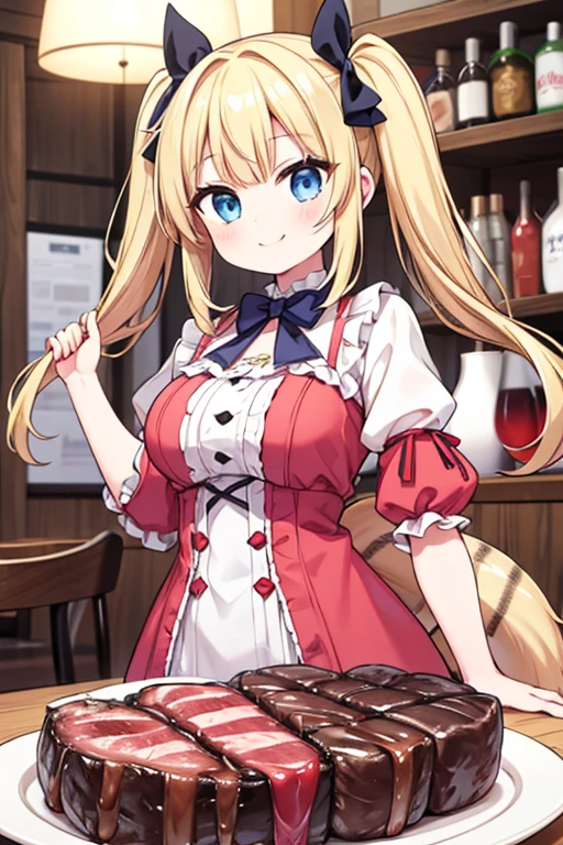 A happy smile,Eat a multi-layered steak,(big steak1.6,)A, steak like a chunk of meat,tail,Highest quality,Blonde with blue eyes、****ta、Small breasts、Twin tails、girl&#39;enjoy,smile,