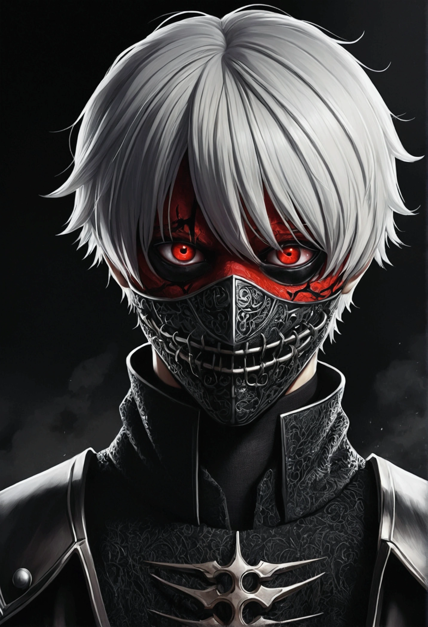 Kaneki Ken inspired character with a red eye,blackw..On a neutral dark background, Duas cores de cabelo vermelho e blackw
