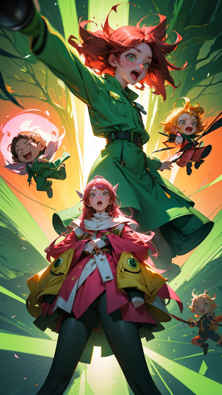 A surreal and chaotic scene featuring multiple characters with exaggerated, wide eyes and open mouths, holding megaphones and shouting 'ANNOUNCEMENT OF ANNOUNCEMENT.' The characters are wearing green and pink suits and are scattered around a large tree with green beams of light radiating from the background. Some characters are climbing the tree, while others are standing or floating mid-air, all looking frenzied and animated. Replace all characters with beautiful, cute girls while maintaining the same surreal, chaotic, and exaggerated expressions and poses. The background, tree, and overall color scheme should remain exactly the same.