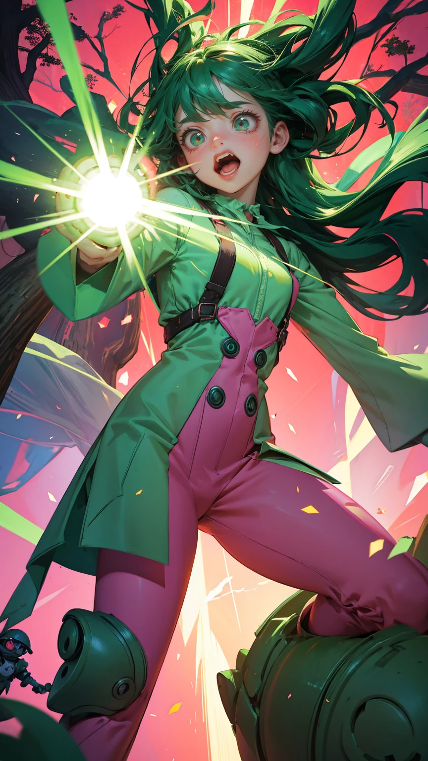 A surreal and chaotic scene featuring multiple characters with exaggerated, wide eyes and open mouths, holding megaphones and shouting 'ANNOUNCEMENT OF ANNOUNCEMENT.' The characters are wearing green and pink suits and are scattered around a large tree with green beams of light radiating from the background. Some characters are climbing the tree, while others are standing or floating mid-air, all looking frenzied and animated. Replace all characters with beautiful, cute girls while maintaining the same surreal, chaotic, and exaggerated expressions and poses. The background, tree, and overall color scheme should remain exactly the same.