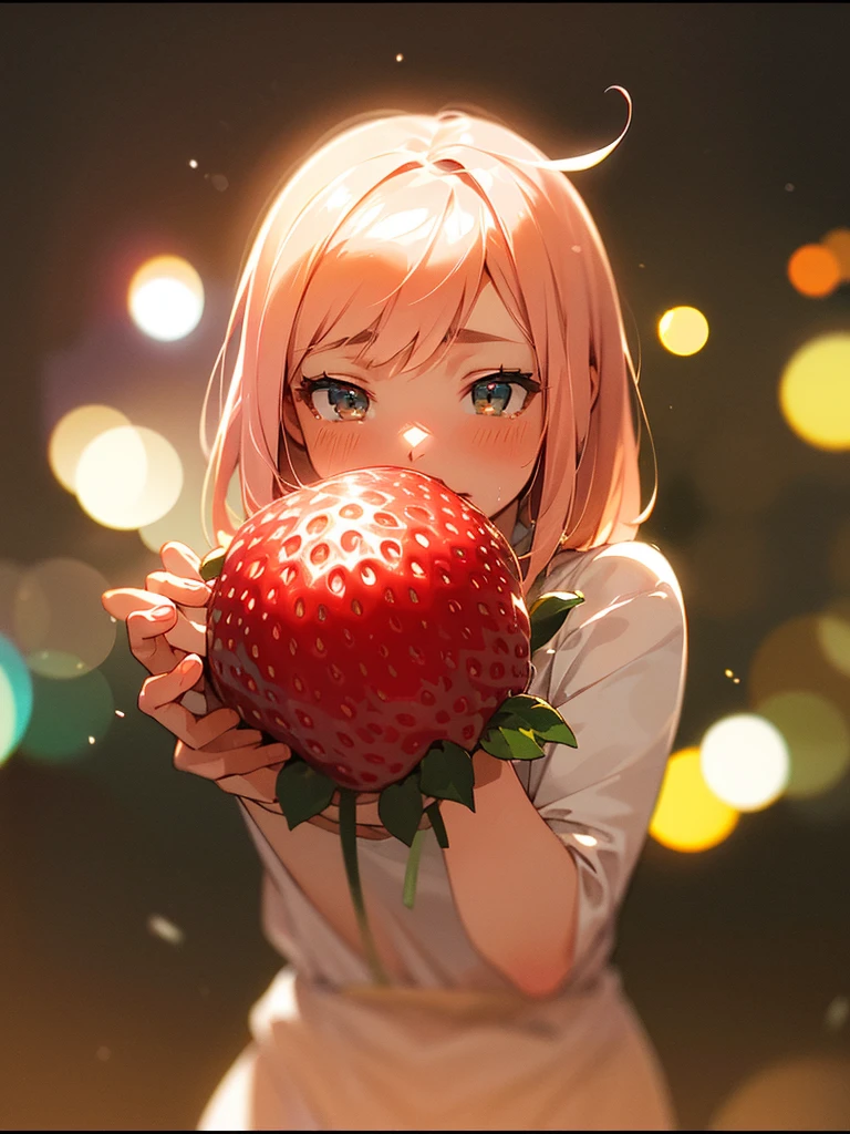(Sumilux f1.4 50mm , low Latitude old color negative film , cross process , bokeh, flare, chromatic aberration , soft focus, (Shallow focus) , soft glow , Maximum aperture, low Key , Transparent depiction) , coquettish girl , bare 2 Hard and small strawberry , strawberry to mouth , Caressing the strawberries