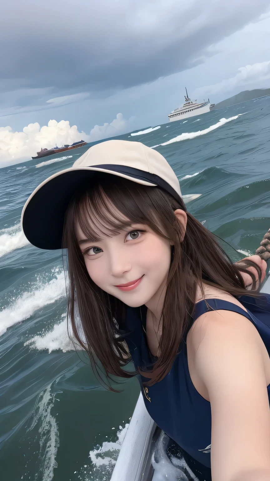 Best image quality (8k, High resolution, masterpiece: 1.2), Very detailed, Random Hairstyles, 26-year-old woman,
Extraordinary beautiful girl、Cute and beautiful face details、(Dealing with the Children_v1:0.008)、
score_9, score_8_upper, score_7_upper,
situation: The pirates faced a huge storm.、Scene where the ship is in danger。
clothing: Wet waterproof capes and hats for everyone、Desperately fighting against the raging waves。
Pause: Captain desperately at the helm、Sailors grabbing the rope。
Camera angle: From a top-down perspective、A composition capturing the entire ship in a storm
,Active stop temporarily ,
On her side、The thunder danced。
Focus on the upper waist
, Random cute poses ,Big eyes ,Puffy eyes , Heart pupil, blush , Big shy smile , salute