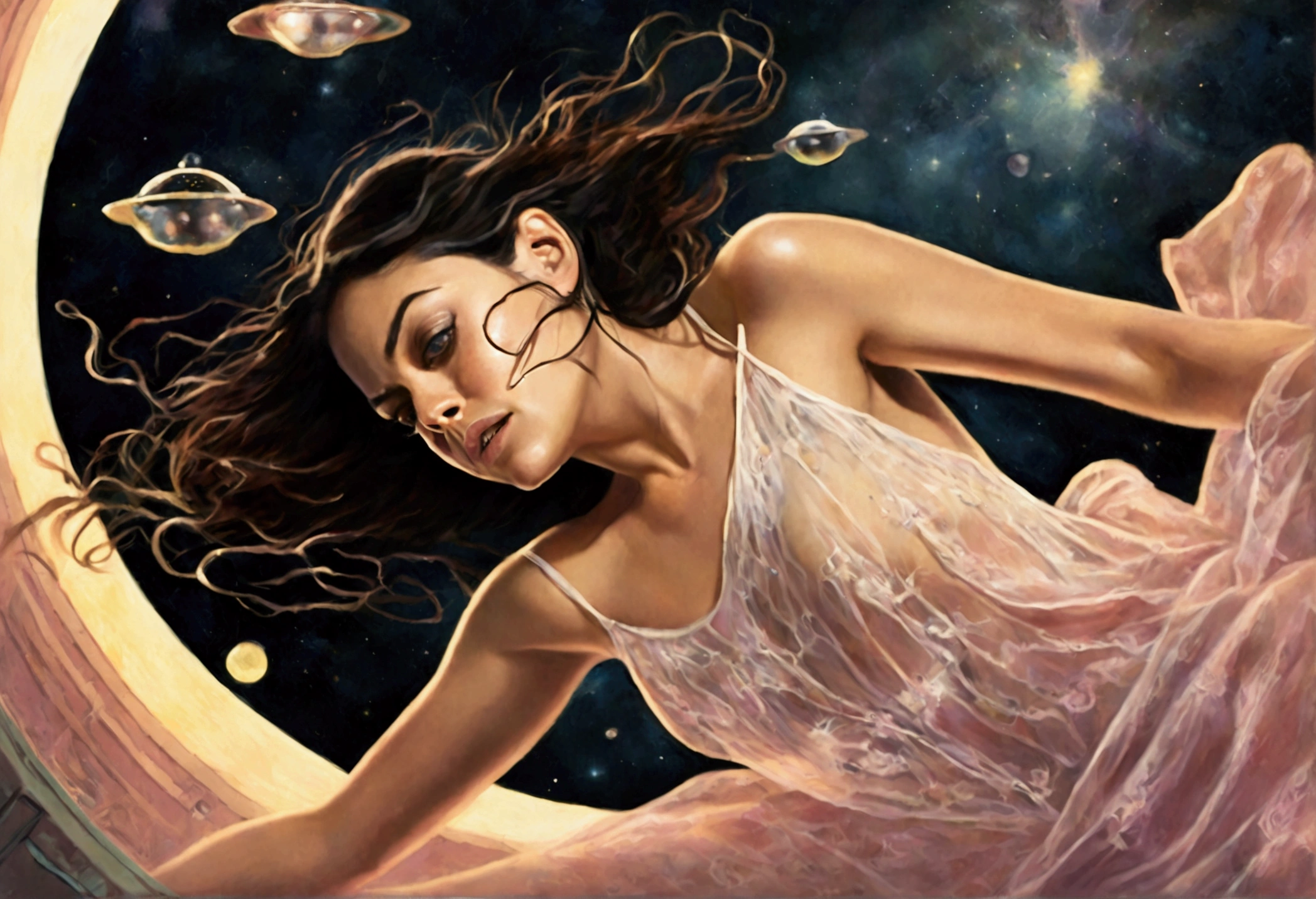 (Mila Kunis, 25 years old, in a sheer nightgown, in a trance), is being swallowed into an eldritch UFO, tentacles caress and push her into the opening as they remove her clothes, flying through the night sky