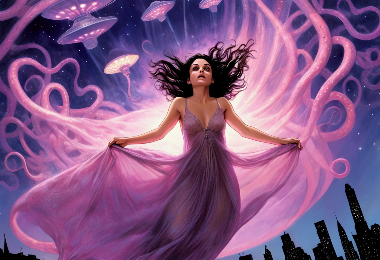 (Mila Kunis, 25 years old, in a sheer nightgown, in a trance), is being entangled by giant slimy eldritch tentacles which are ripping off her gown and exploring her as the ufo flies over the city, night