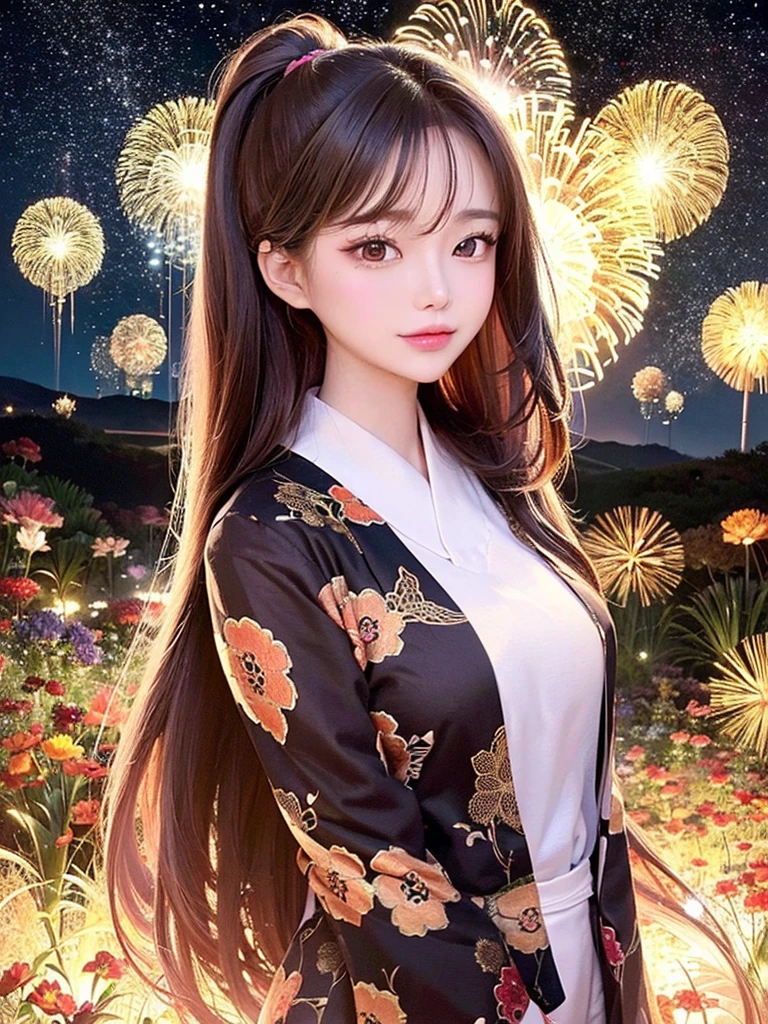 Masterpiece, high resolution, highest quality, fractal art, fireworks in the night sky, fantastical flower fields at night, beautiful girl with long brown hair looking down, profile, hair tied up and wearing a yukata, hairpin, fantastical background, Korean glitter eye makeup, mature, older woman, fantasy art