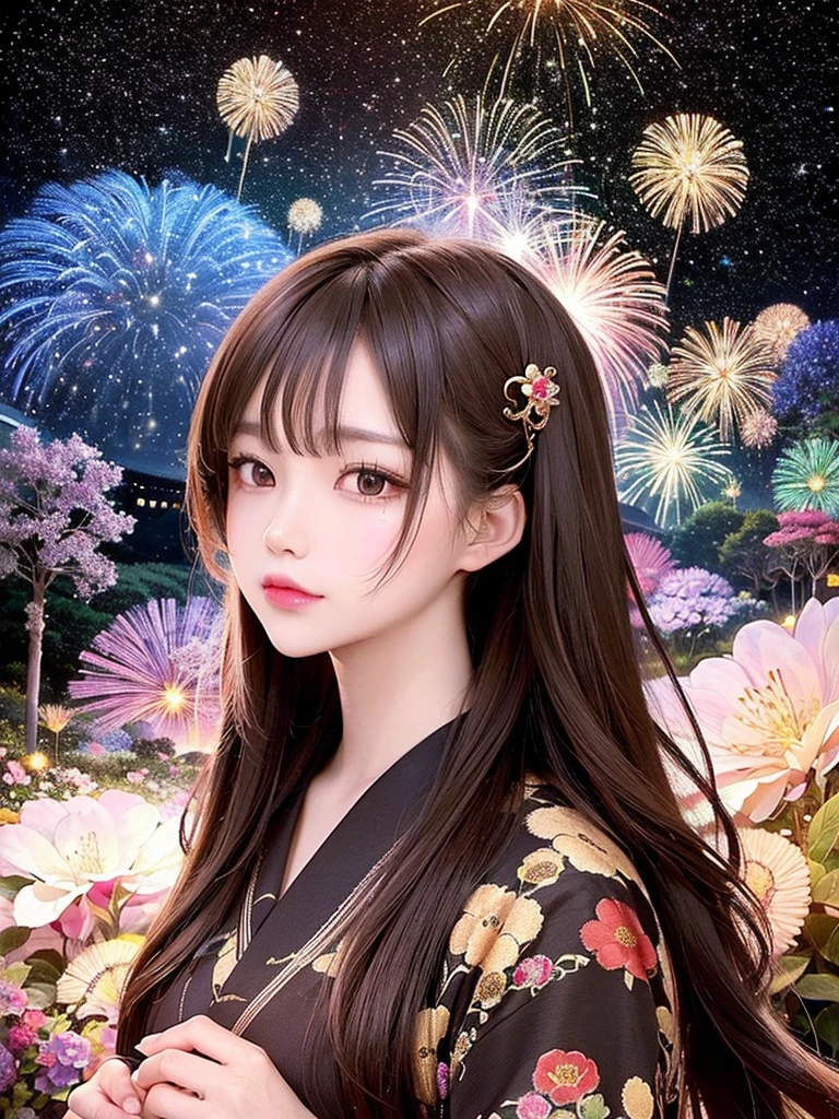 Masterpiece, high resolution, highest quality, fractal art, fireworks in the night sky, fantastical flower fields at night, beautiful girl with long brown hair looking down, profile, hair tied up and wearing a yukata, hairpin, fantastical background, Korean glitter eye makeup, mature, older woman, fantasy art