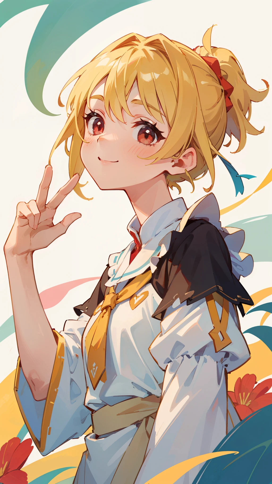 masterpiece、Highest quality、1 girl、Blonde、ponytail、Beautiful red eyes、short hair、Colorful camisoles、Upper body close-up、Please raise your hand、smile