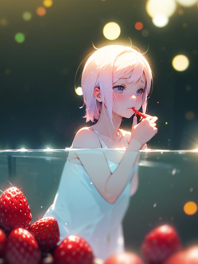 (Sumilux f1.4 50mm , low Latitude old color negative film , cross process , bokeh, flare, chromatic aberration , soft focus, (Shallow focus) , soft glow , Maximum aperture, low Key , Transparent depiction)  , coquettish girl , bare ２ Hard and small strawberry , strawberry to mouth , Caressing the strawberries