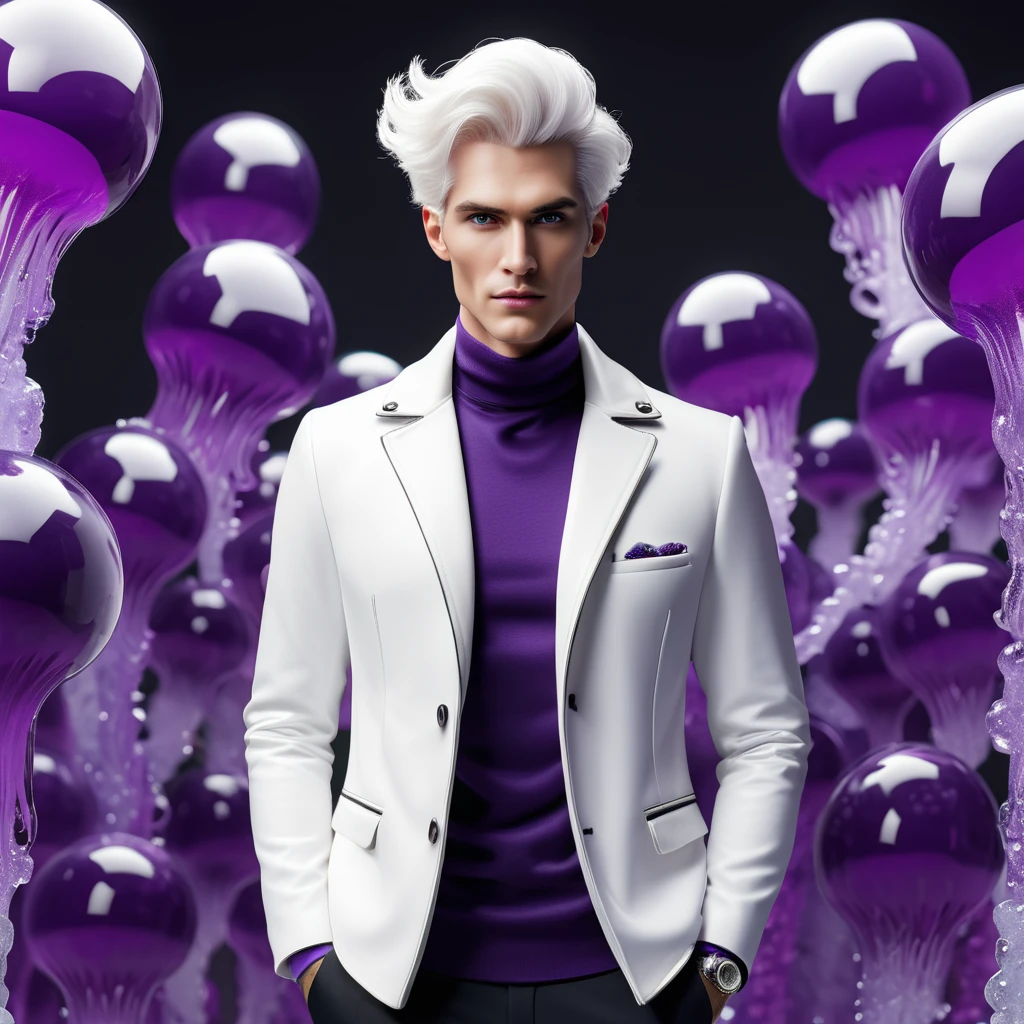 work of art,absurderes,best qualityer,standing alone,1,naughty man,male focus,jelly portrait,3d,アニメ,white  hair,purples eyes,looking at camera,white jacket