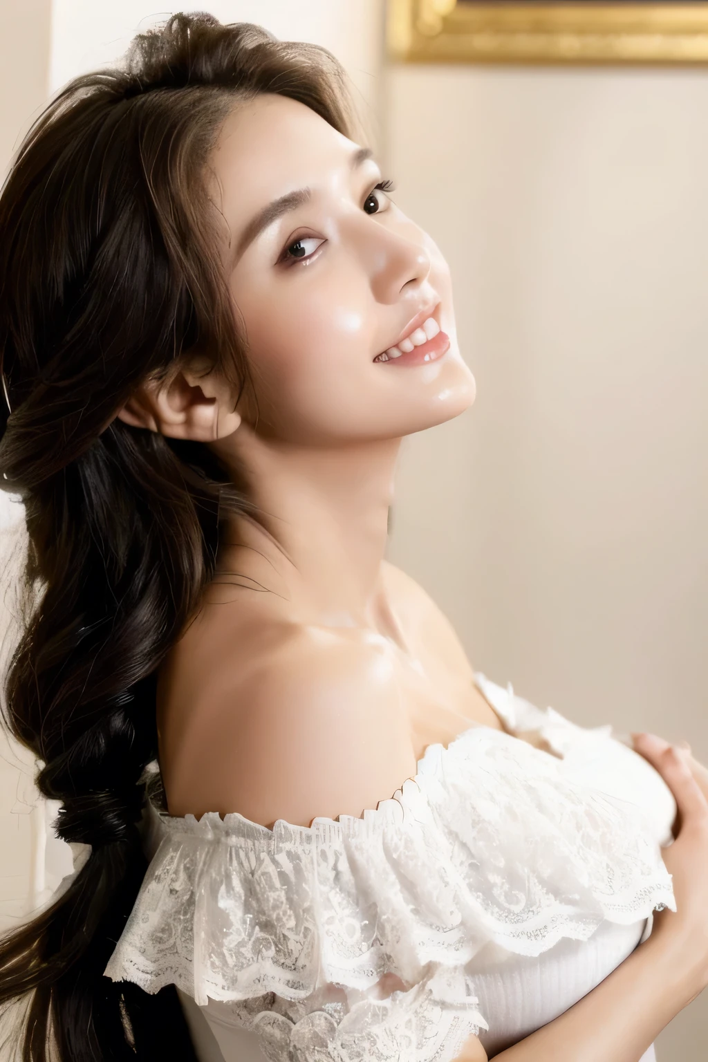 ((Highest quality, 8k, masterpiece: 1.3)), sharp: 1.2, Perfect Body Beauty: 1.6, ((Layered Hairstyles, Big Breasts: 2.0)), (white lace dress: 2.0, Off-the-shoulder dress: 2.0, Dresses with visible breasts: 2.0), (Cleavage: 2.0), ((long hair: 2.0)), ((necklace)), Earrings, ring, Bracelet, Hair Accessories, ((Beautiful young teenager woman)), ((Straight nose)), (Eyeliner), Armpit Hair, Bristles, ((White and beautiful skin)), Wavy Hair, Beautiful attention to detail, Super detailed, Highly detailed face and skin texture, fine grain, double eyelid, Black Hair, Big Ass, Lower Body, Thighs, (((Skinny))), Wet and shiny lips, smile, Get a grip on your body, ((Anatomically correct human body)), ((Crisp body shape)), Ribs, clavicle, Protruding skeleton, A face without nasolabial folds, Shyness, Thin eyebrows, Big eyes, (shoot from side: 1.0), (Narrow shoulders: 2.0), (Smile: 1.0)