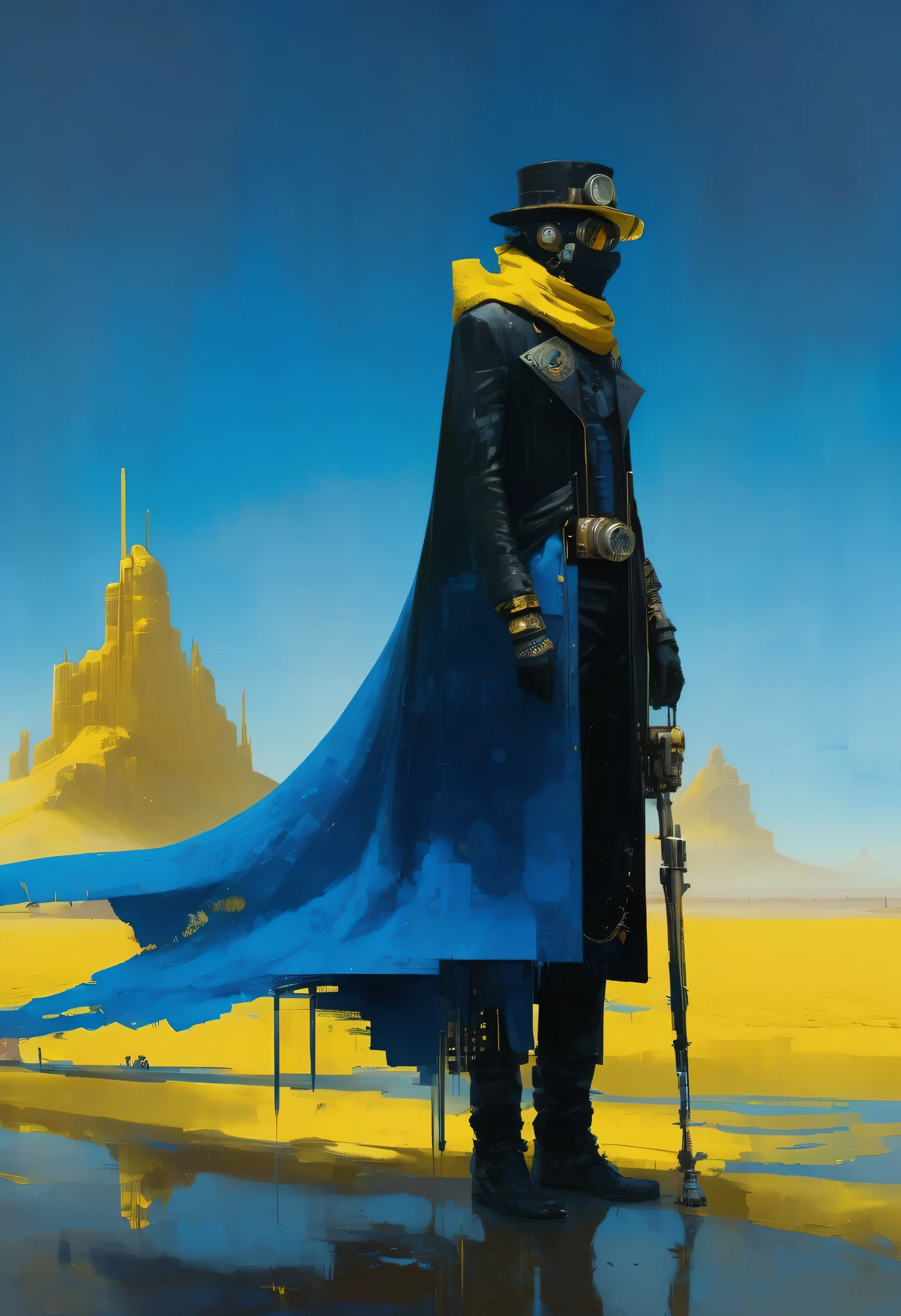 Pixelart por Jeremy Mann, 1 character, 1 man in black cape and steampunk vaporpunk costumes, art in blue and yellow only, mask, 4D high relief texture painting, 8k, 4D, futuristic vintage, ornate desert, full body view, photorealism, abstract impressionism