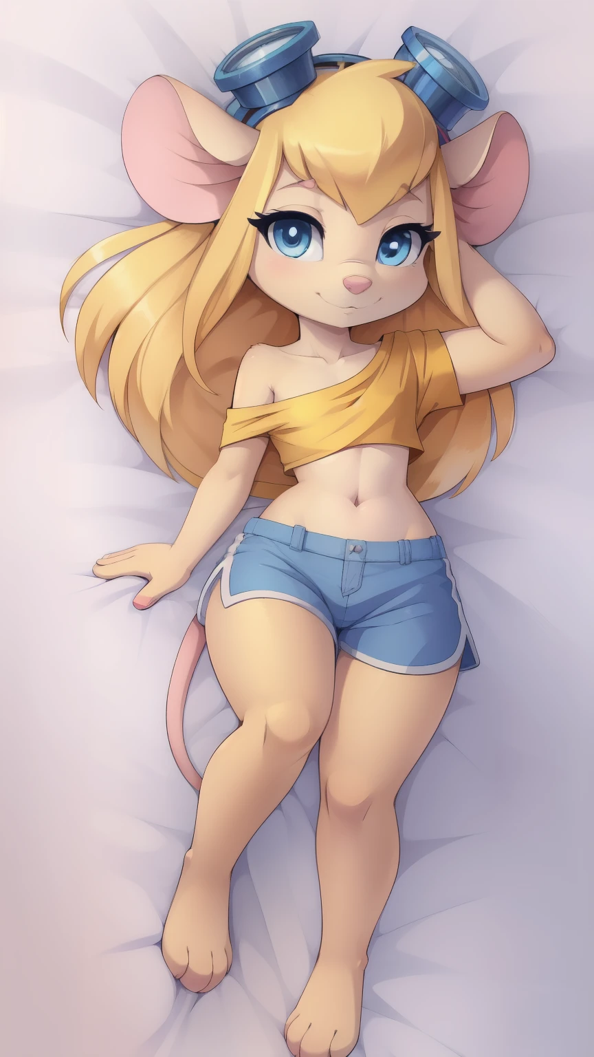 Score_9,score_8_up,score_7_up, source_cartoon, source_furry, Gadget Hackwrench, young, mouse, blonde hair, long hair, narrowed eyes, blue eyes, pink nose, body fur, small breasts, detailed body fur, detailed face, detailed eyes, glistering body, shiny body, gorgeous body, masterpiece, high quality, ((goggles, yellow shirt, one shoulder, midriff, blue shorts)), skinny, :3, full body, feets with three toes, 3 toes, short body, tiny body, cute, anime style, thicker lines, ((laying on bed, dakimakura)), 