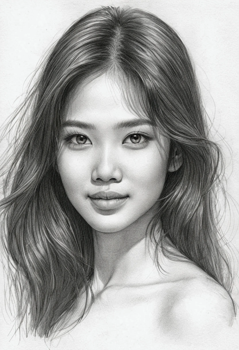 A delicate, graphite sketch shows a half body naked beautiful Thai woman, her features rendered in subtle shading and precise lines. The framing is tight, focusing attention on the subject's sweet face, very big eyes, very high nose, thick and long eyebrow, thin and wide lips smile. Soft, feathery strokes convey the gentle texture of her long hair, while the delicate curve of her neck is emphasized by the pencil's softness. small breasts,