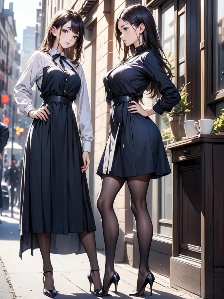 (masterpiece:1.3),(best quality, highest quality),((Full Body Shot,Including face)),1girl,4K,masterpiece,((Focus on the face)),((Symmetrical facial features)),Beautiful woman,(slender),((High heels,Patterned stockings with straps)),Detailed depiction of the face, Cafe clerk ,In front of the entrance,profile,Long skirt,slenderな女性,Cafe uniform,Age 25