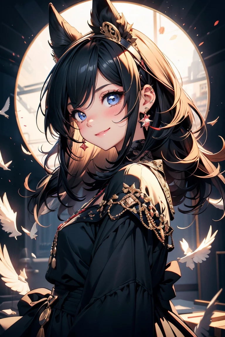 black hair, hair bobbles, wince, longeyelashes, solid circle eyes, fake animal ears, light smile, ear blush, fang, ccurate, Dark Room, Bedroom, smile, ephemeral, Feathered girl, night, Surrealism, drop shadow, anaglyph, stereogram, tachi-e, pov, atmospheric perspective, 8k, super detail, best quality,