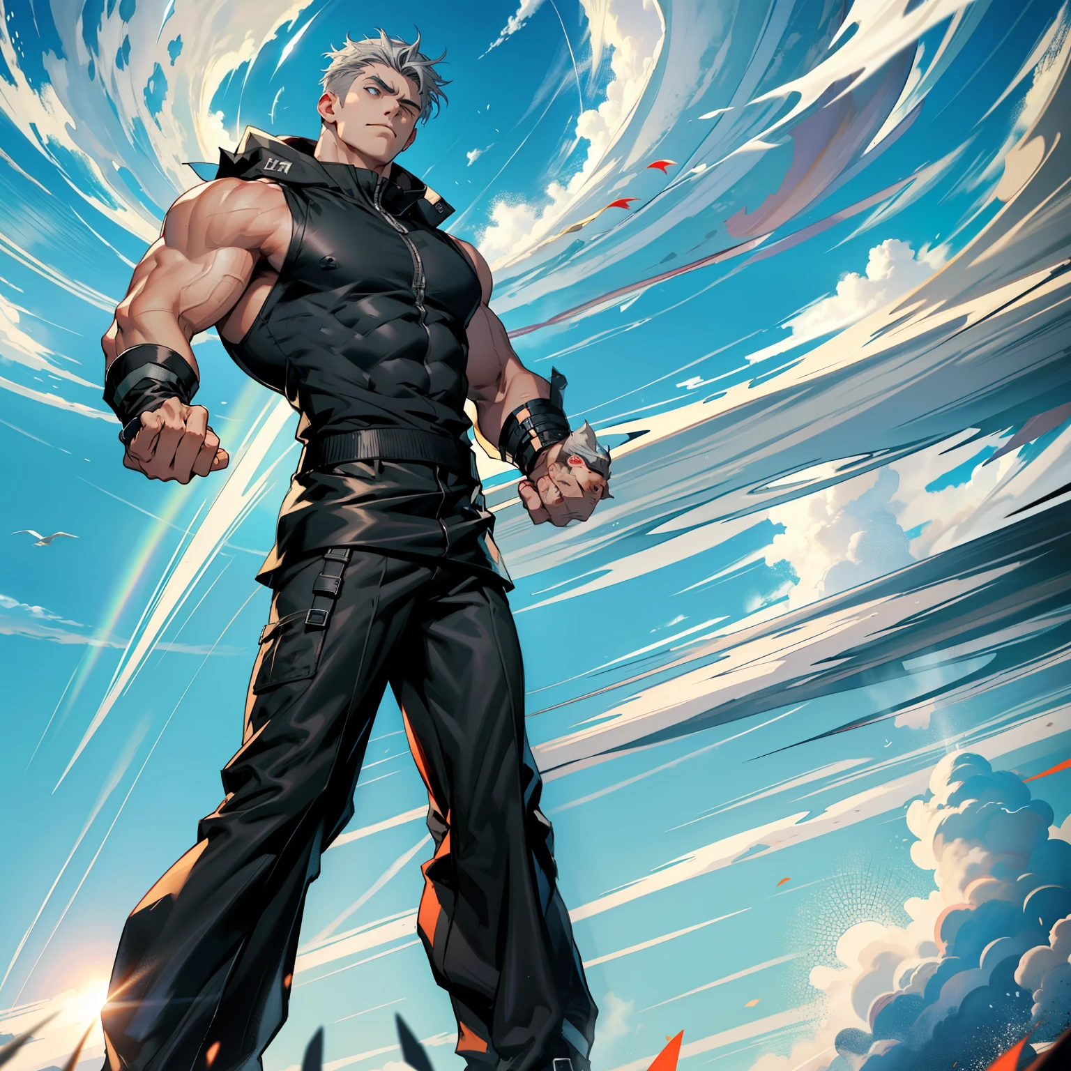 boys 26 Years old, Serious face, muscular, gray hair, ((black long singlets)), black pants, high-cut boots, floating on air, levitate on sky, blue sky, cloud