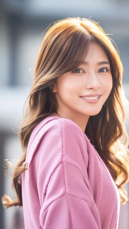 (Cowboy Shot、Highest quality、8k、Award-winning works、Ultra-high resolution)、One beautiful woman、(The perfect and most natural red long sleeve casual sweatshirt:1.1)、(blonde:1.1)、Bright color contacts、Perfect Makeup、Bright and shiny lipstick、(Very heavy makeup:1.2)、(Deep pink around the eyes:1.1)、Beautiful bright eyeshadow、Heavy makeup around the eyes、very long wavy hair、(Romantic affection:1.1)、The best smile he had when he saw me、(Many of them emphasize the body line....:1.1)、(Strongly blurred vibrant Harajuku city background:1.1)、(Strongly blurred background:1.1)、Accurate anatomy、Ultra HD Hair、(Ultra-high resolutionの完璧な美しい歯:1.1)、Ultra-high definition beauty face、Ultra HD Hair、Ultra HD Shining Eyes、輝くUltra-high resolutionの美肌、Ultra-high resolutionの艶やかな唇