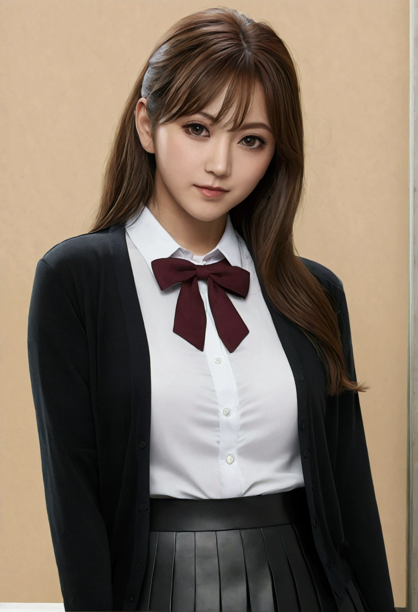 (masterpiece:1.2, Highest quality), (Realistic, photoRealistic:1.4), Beautiful illustrations, (Natural Side Lighting, Cinema Lighting), ,
View your viewers, (Face Focus, Upper Body), 1 girl, Japanese, high school girl, Perfect Face, Cute and symmetrical face, Glowing Skin,
(Very long hair:1.5, Layered Hair:1.4, Light brown hair), Crossed bangs, Brown eyes, Big eyes, Droopy eyes, Long eyelashes, (Large Breasts:1.5), thin,
Beautiful Hair, Beautiful Face, Beautiful attention to detail, Beautiful clavicle, Beautiful body, Beautiful breasts, Beautiful thighs, Beautiful feet, Beautiful fingers,
((Long sleeve black cardigan, White collared shirt, black pleated mini skirt), Dark red bow tie),
(Beautiful views), evening, (School classroom, blackboard), Are standing, (Expressionless, Maroon mouth),