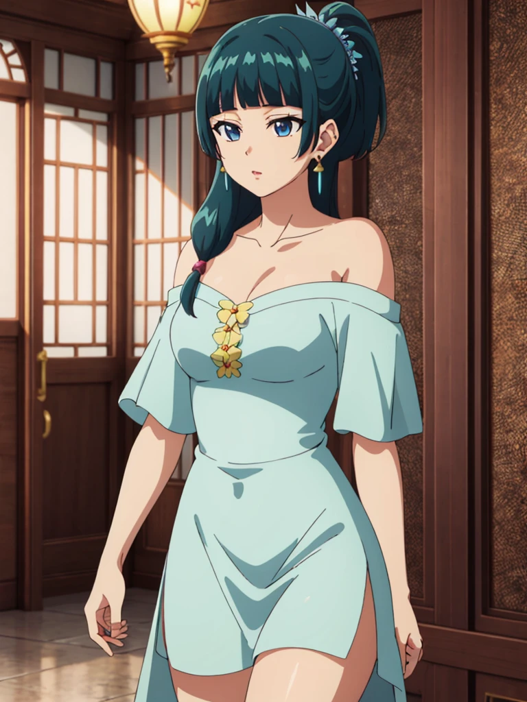 Top quality (8k, high resolution, masterpiece: 1.2), super detailed, anime art style, dynamic angle, teen style, (white dress, white dress, exposed shoulders, necklace, earrings, indoor), detailed green hair, detailed blue eyes, intricate hairstyle, long hair , slim body, sparkling eyes, youthful, hair accessories, earrings, half-updo, slightly dull bangs, detailed lighting, bright colors, looking at the viewer, in the center of the image, cowboy shot,