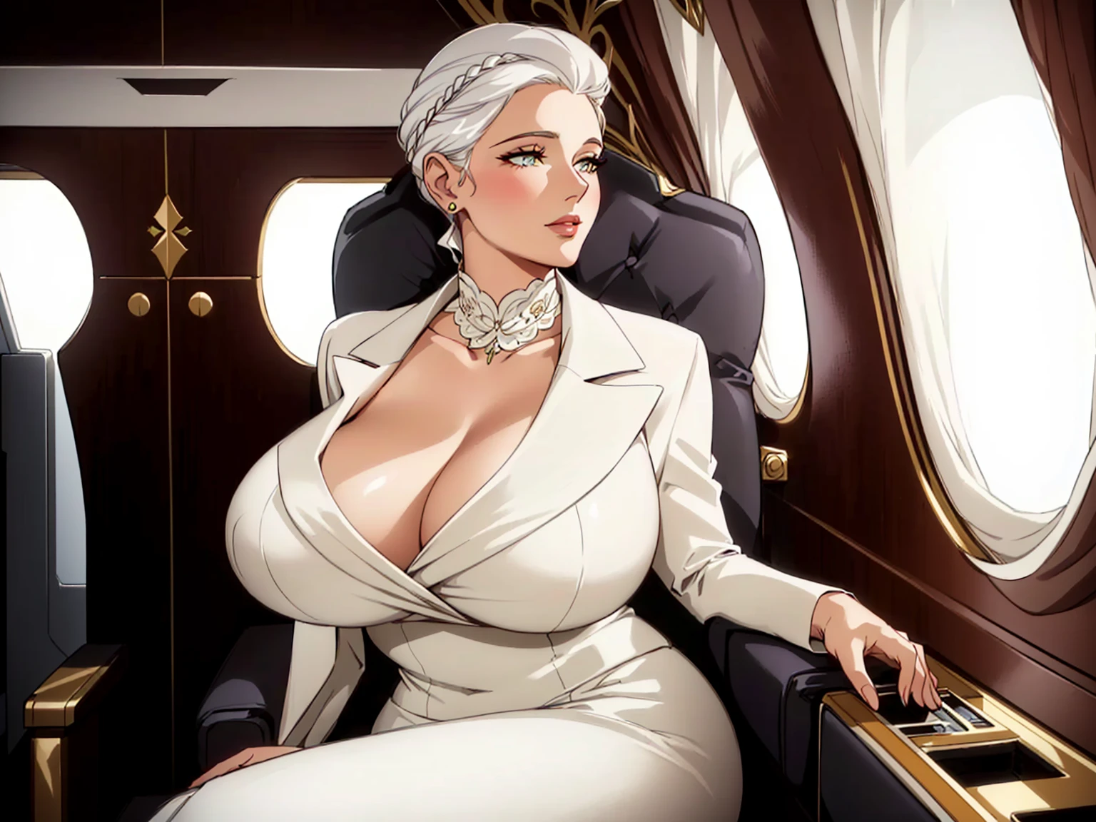 araffe woman in a white dress sitting in a plane, wealthy women, with a large breasts, with large breasts, elegant woman, sexy :8, large breasts size, elegant lady, business attire, white haired lady, ceo, luxurious suit, angelawhite, elegant and proud, inspired by Hedi Xandt, ready for a meeting