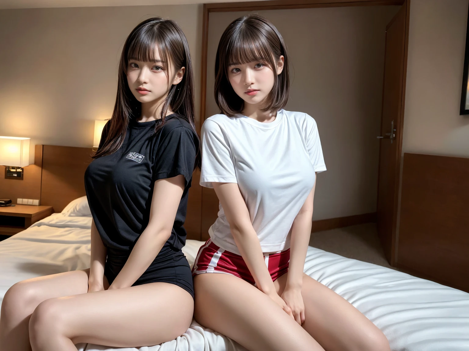 masterpiece, best quality, illustration, Super detailed, fine details, High resolution, 8K,wall paper, perfect dynamic composition,(Details High quality, realistic depiction of eyes:1.3), (2 girls), oversized sport shirt, shorts women, sitting, open legs, short bob hair, in a hotel room in the background, deep on field, large breasts, black hair color, Big Natural Color Lip, (perfect body shape), crying a little、Harajuku style、20 year old girl、cute type、beautiful legs, Gravure Idol