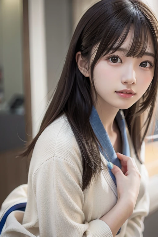 ((Cute 15 year old Japanese))、on the road、Highly detailed face、Pay attention to the details、double eyelid、Beautiful thin nose、Sharp focus:1.2、Beautiful woman:1.4、Cute Hairstyles、Pure white skin、Highest quality、masterpiece、Ultra-high resolution、(Realistic:1.4)、Highly detailed and professional lighting、nice smile、Japanese school girl uniform