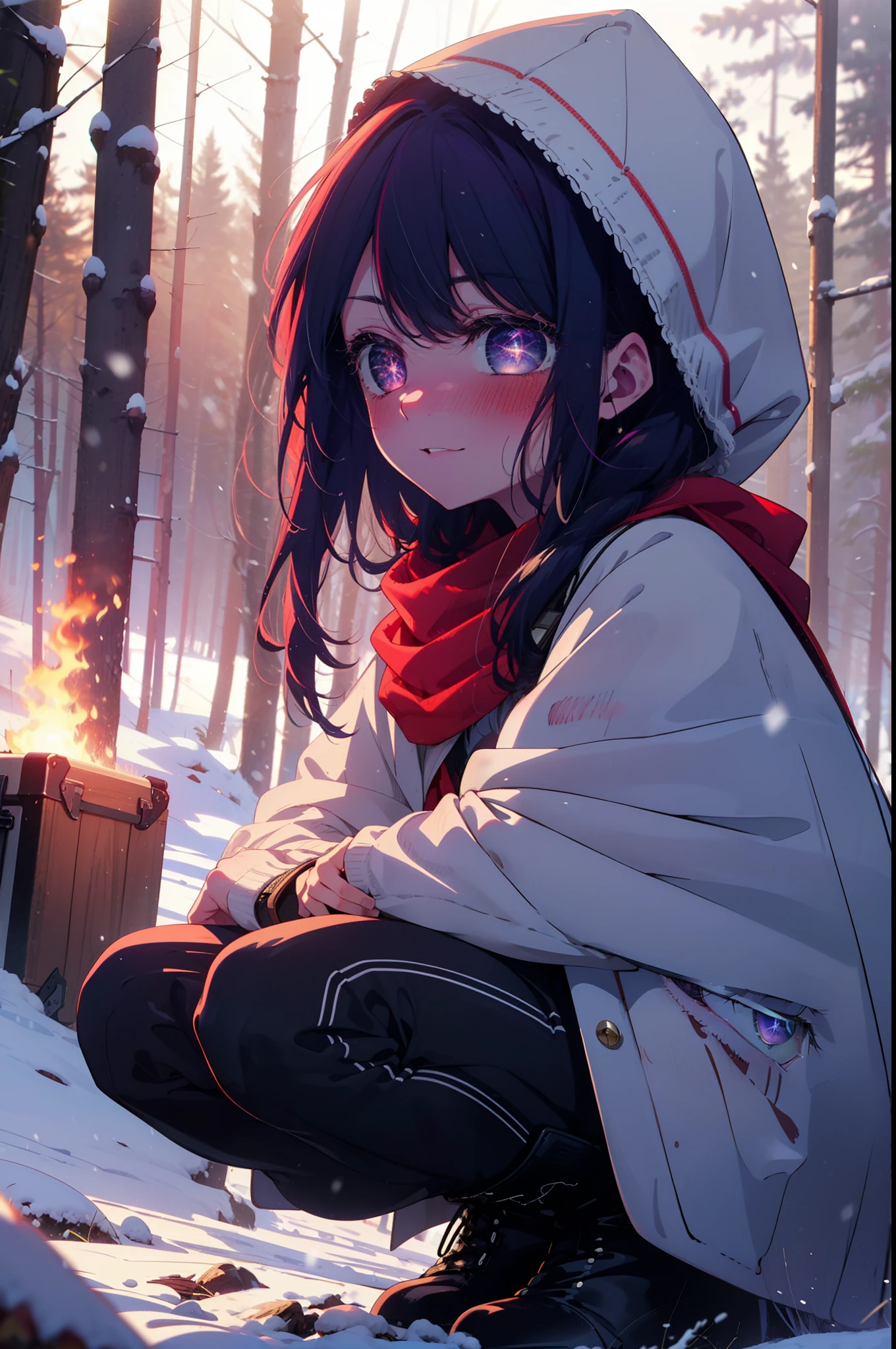 aihoshino, Ai Hoshino, Long Hair, bangs, (Purple eyes:1.1), Purple Hair, (Symbol-shaped pupil:1.5), smile,,smile,blush,white breath,
Open your mouth,snow,Ground bonfire, Outdoor, boots, snowing, From the side, wood, suitcase, Cape, Blurred, , forest, White handbag, nature,  Squat, Mouth closed, Cape, winter, Written boundary depth, Black shoes, red Cape break looking at viewer, Upper Body, whole body, break Outdoor, forest, nature, break (masterpiece:1.2), Highest quality, High resolution, unity 8k wallpaper, (shape:0.8), (Beautiful and beautiful eyes:1.6), Highly detailed face, Perfect lighting, Highly detailed CG, (Perfect hands, Perfect Anatomy),