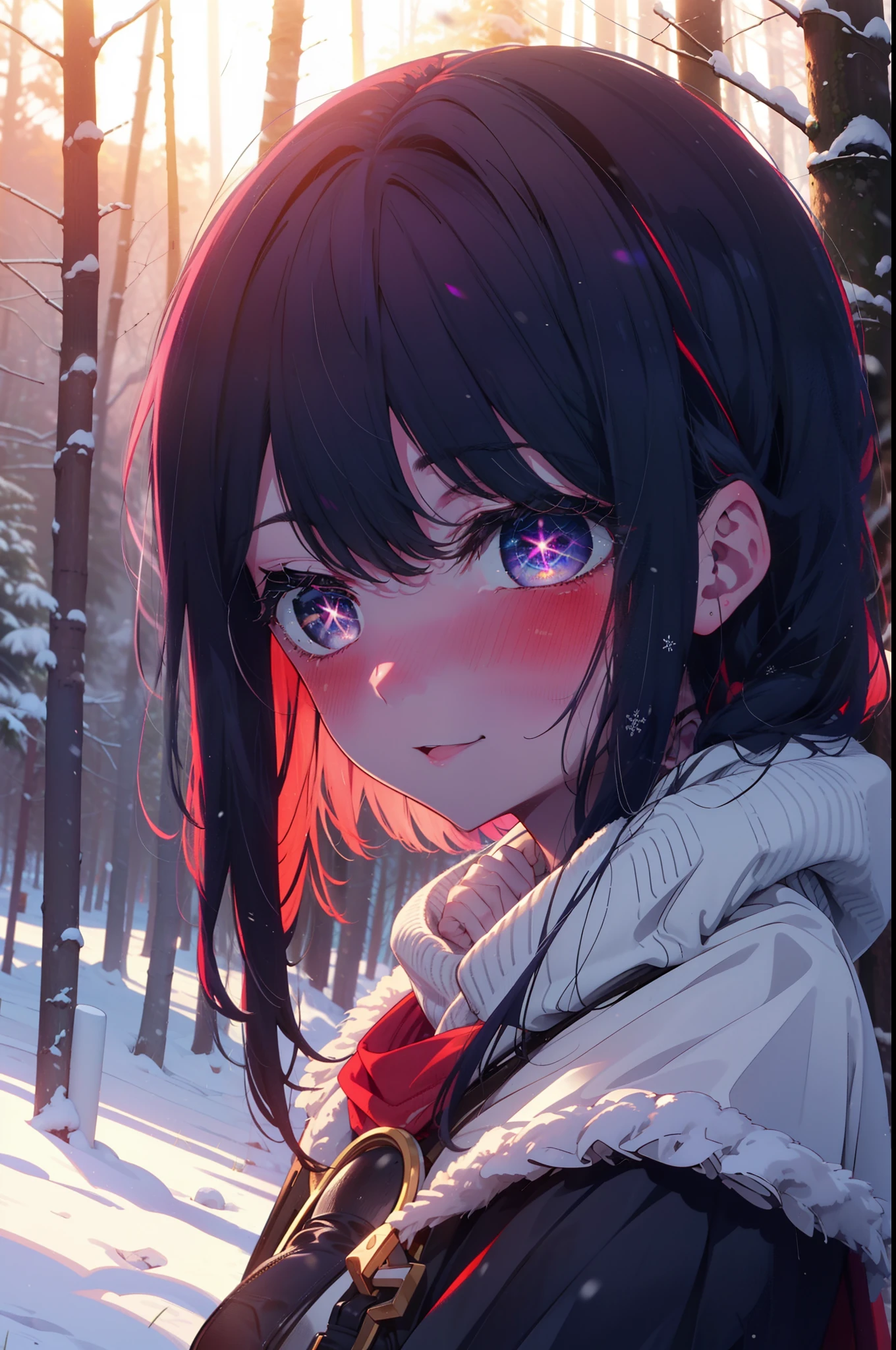 aihoshino, Ai Hoshino, Long Hair, bangs, (Purple eyes:1.1), Purple Hair, (Symbol-shaped pupil:1.5), smile,,smile,blush,white breath,
Open your mouth,snow,Ground bonfire, Outdoor, boots, snowing, From the side, wood, suitcase, Cape, Blurred, , forest, White handbag, nature, Squat, Mouth closed, Cape, winter, Written boundary depth, Black shoes, red Cape break looking at viewer, Upper Body, whole body, break Outdoor, forest, nature, break (masterpiece:1.2), Highest quality, High resolution, unity 8k wallpaper, (shape:0.8), (Beautiful and beautiful eyes:1.6), Highly detailed face, Perfect lighting, Highly detailed CG, (Perfect hands, Perfect Anatomy),