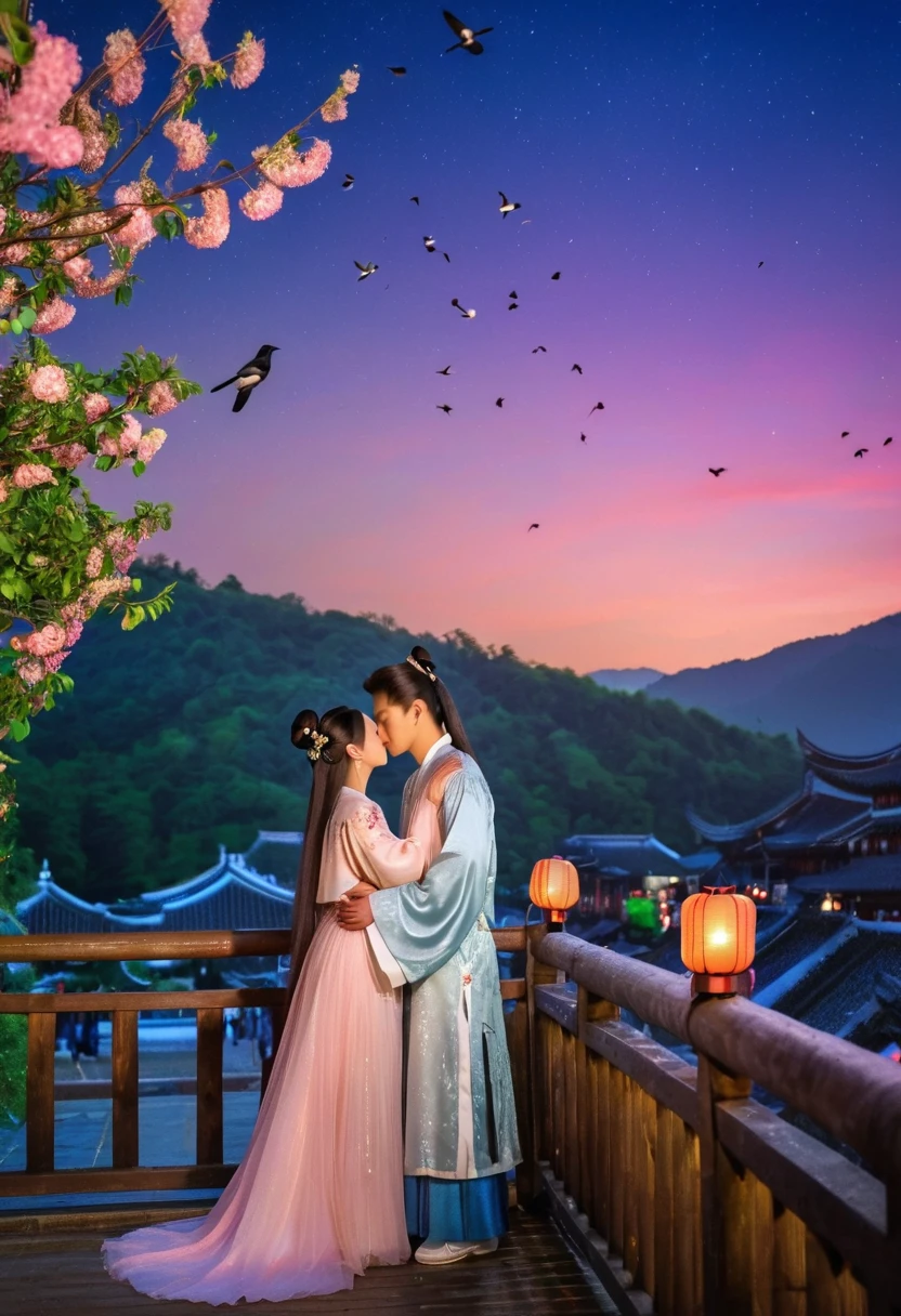 (from bottom,1girl and 1boy standing on the bridge),hugging each other,back view,fullbody,((Many magpies and flowers linger around them)),they are looking at each other,all closed eyes and smile,this girl is wearing a white Chinese fairy costume,The boy have long hair and he is wearing simple traditional Chinese peasant clothing,
summer night,(a Curvy Moon),clear pink sky,((Kongming lanterns,flowers,magpies)),high dynamic range and rich colors,masterpiece,high quality,perfect detail,32K UHD,