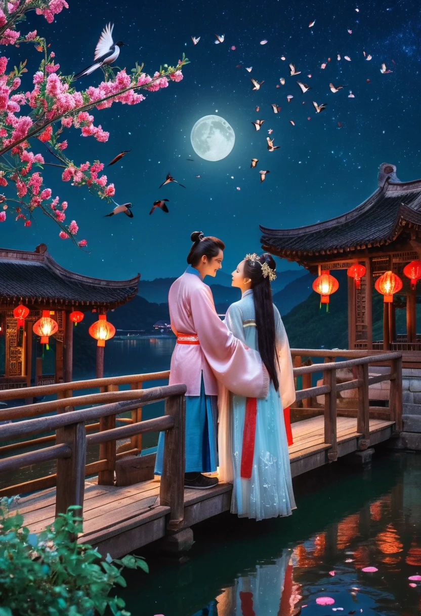 (from bottom,1girl and 1boy standing on the bridge),hugging each other,back view,fullbody,((Many magpies and flowers linger around them)),they are looking at each other,all closed eyes and smile,this girl is wearing a white Chinese fairy costume,The boy have long hair and he is wearing simple traditional Chinese peasant clothing,
summer night,(a Curvy Moon),clear pink sky,((Kongming lanterns,flowers,magpies)),high dynamic range and rich colors,masterpiece,high quality,perfect detail,32K UHD,