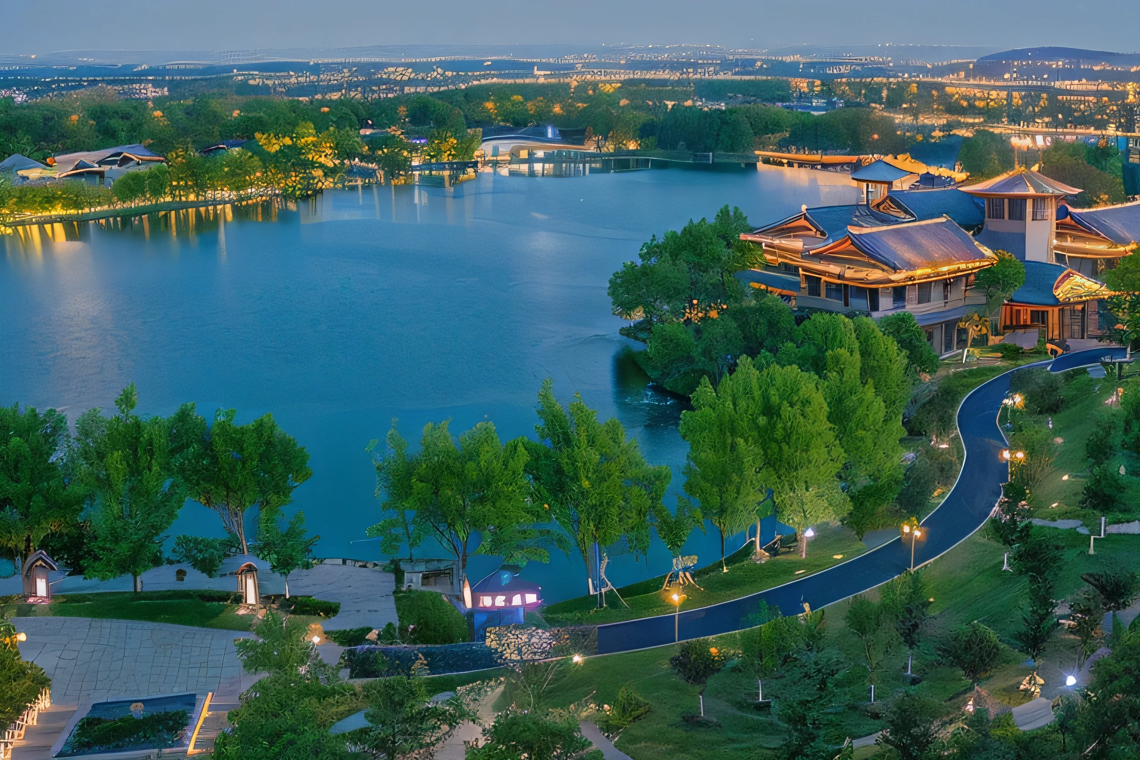Scenic spot night view,Lake lights,Pavilions on the right